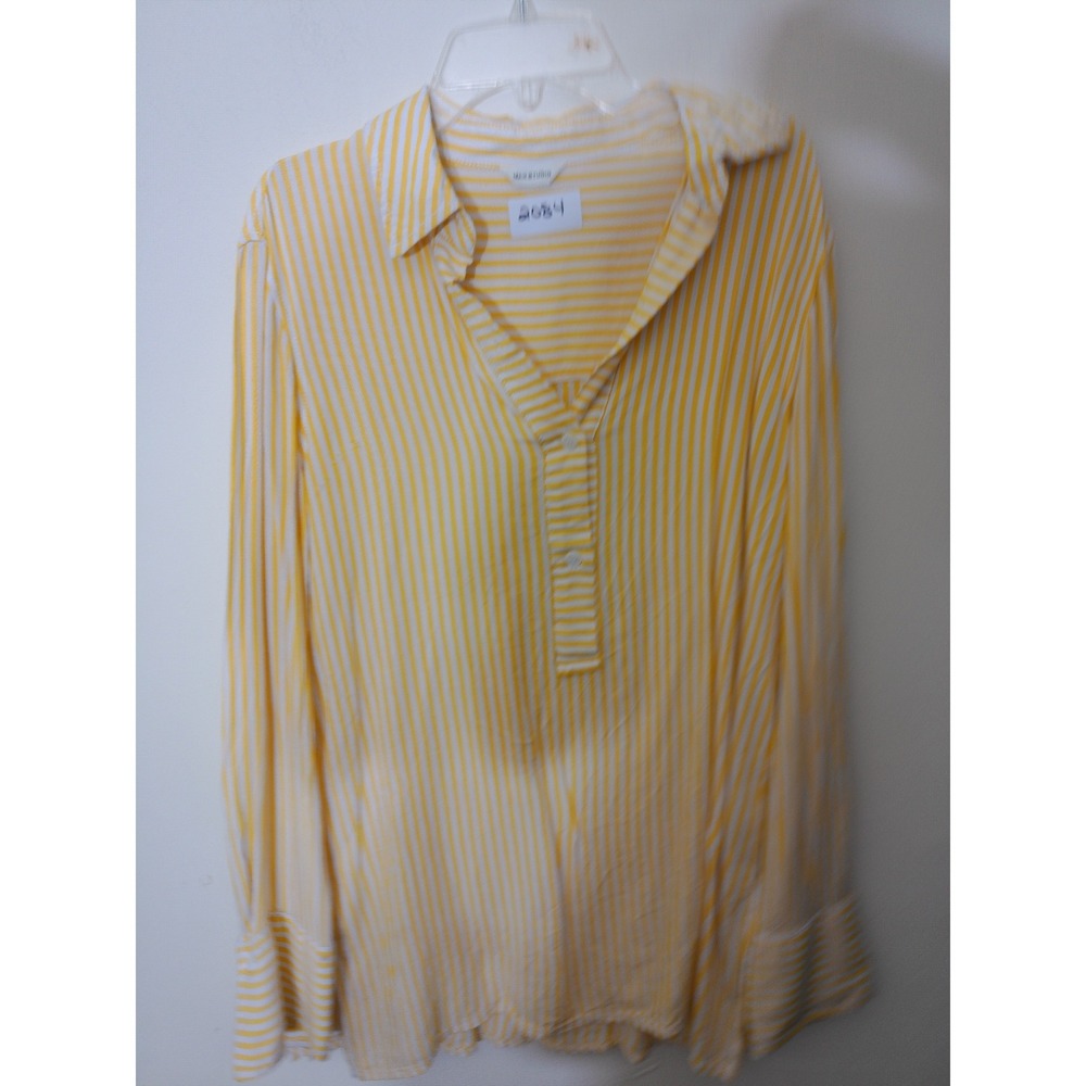 Max Studio Striped Blouse Womens Large Yellow White Henley Rayon Coastal Preppy